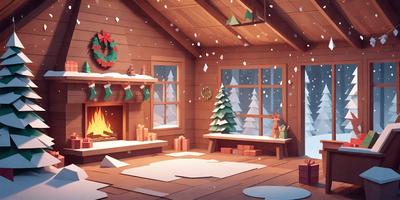The primary subject of the image is a cozy cabin with a fireplace, surrounded by snow. The cabin has a warm and inviting atmosphere, with a fire burning in the fireplace. The setting includes a table with presents on it, adding to the festive ambiance. The visual style of the image is a combination of digital art and illustration, creating a charming and visually appealing scene. The colors and mood of the image are predominantly warm and inviting, with the fireplace and cabin creating a sense